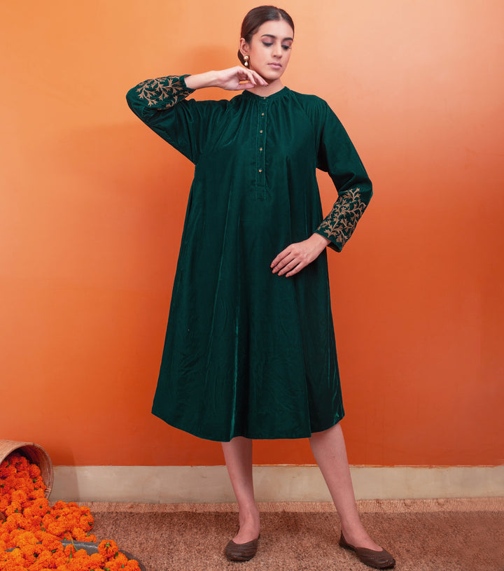 Emerald Green Zari Hand Embroidered Velvet Dress