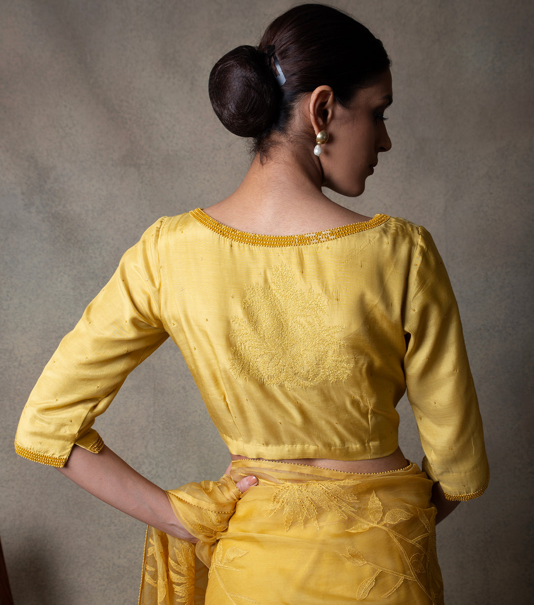 Yellow Hand Embroidered Cotton Silk Blouse