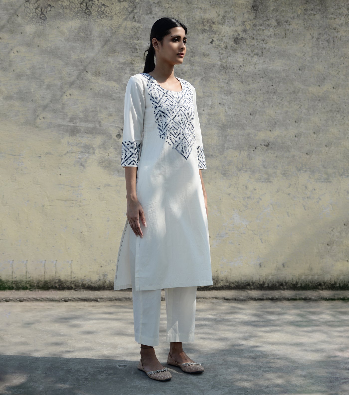 Ivory Embroidered Cotton Kurta & Chanderi Dupatta Set