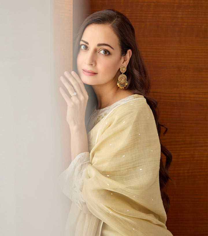 Dia Mirza in Beige Patchwork & Embroidered Chanderi Suit Set