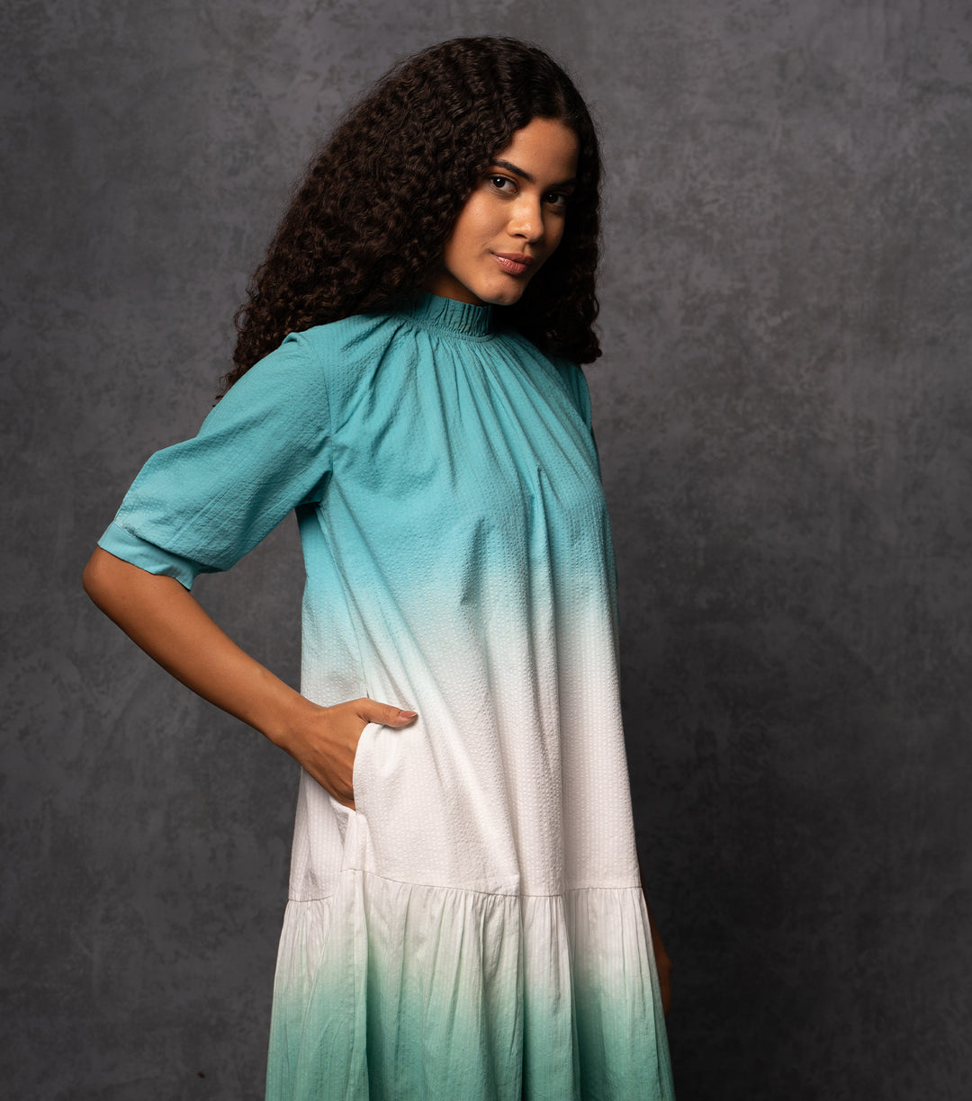 Ombre Grace Textured Cotton Dress with Mock Gathered Neckline