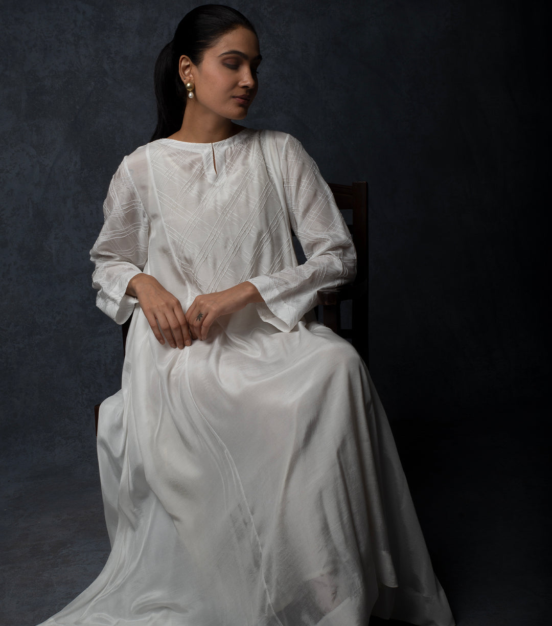 White Pintuck Embroidered Muslin Dress