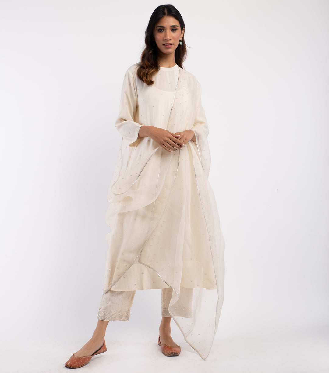 Ivory Chanderi Embroidered Kurta & Palazzo Pants Set