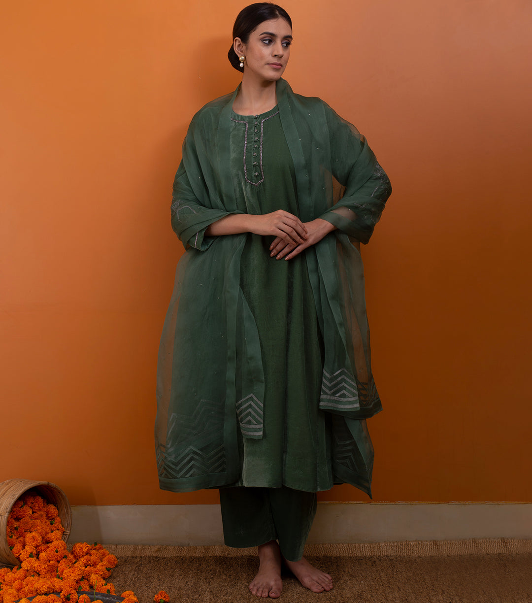 Green Embroidered Velvet Suit Set