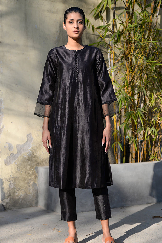 Black Silk Kurta Set with Organza Dupatta