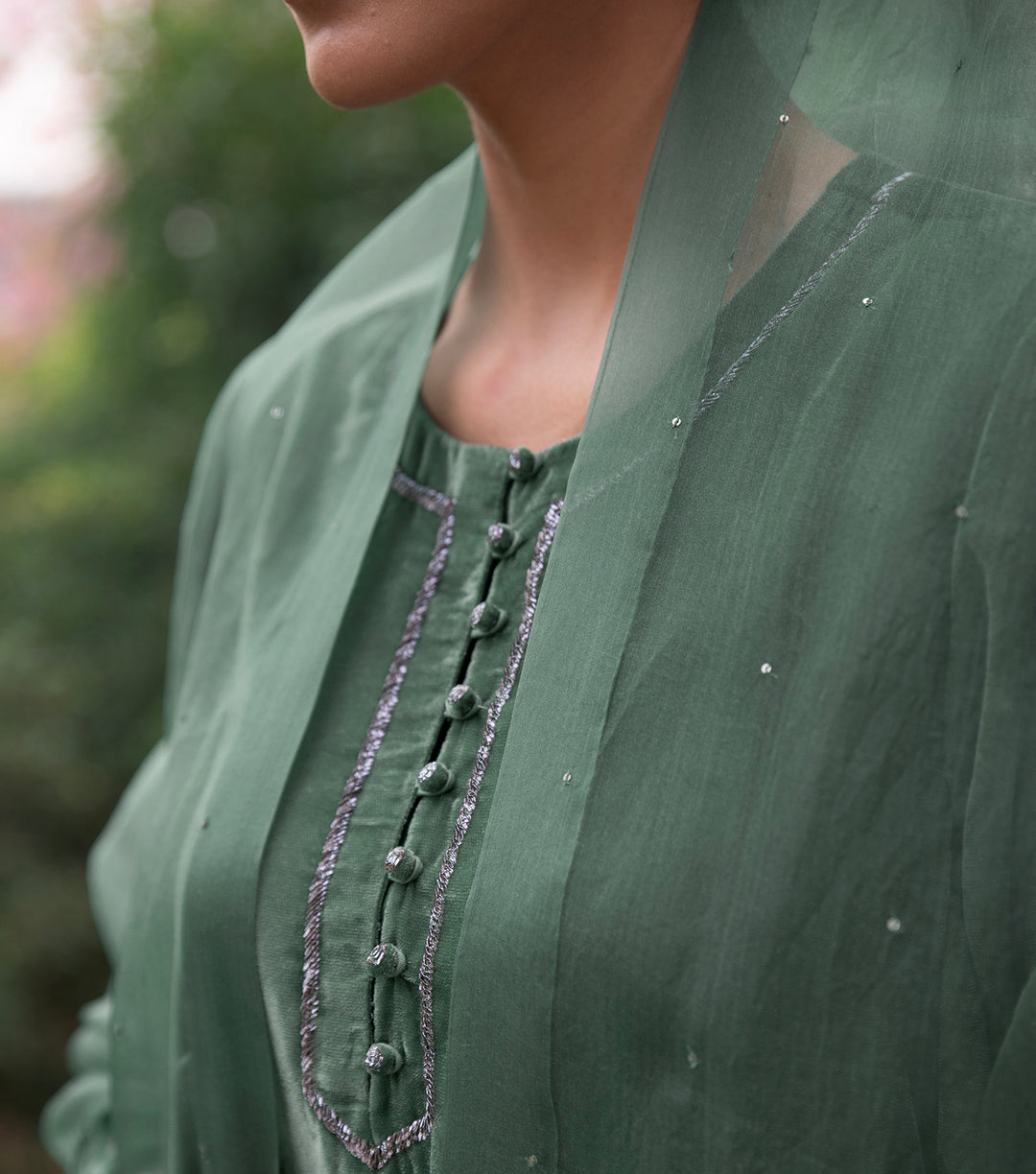 Green Embroidered Velvet Suit Set