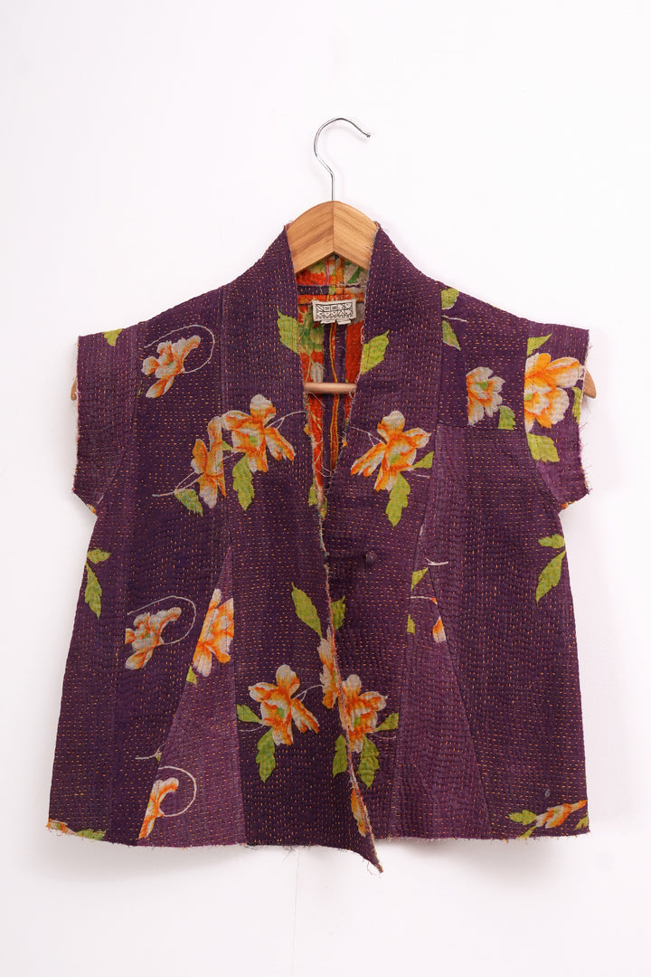 Purple Vintage Cotton Kantha Jacket For Kids