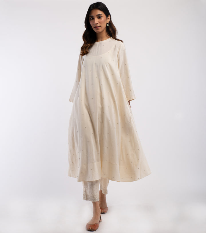 Ivory Chanderi Embroidered Kurta & Palazzo Pants Set