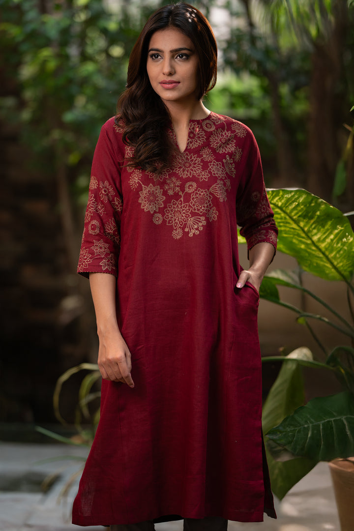 Maroon embroidered linen kurta