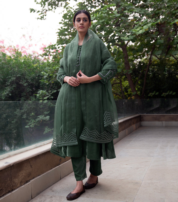 Green Embroidered Velvet Suit Set