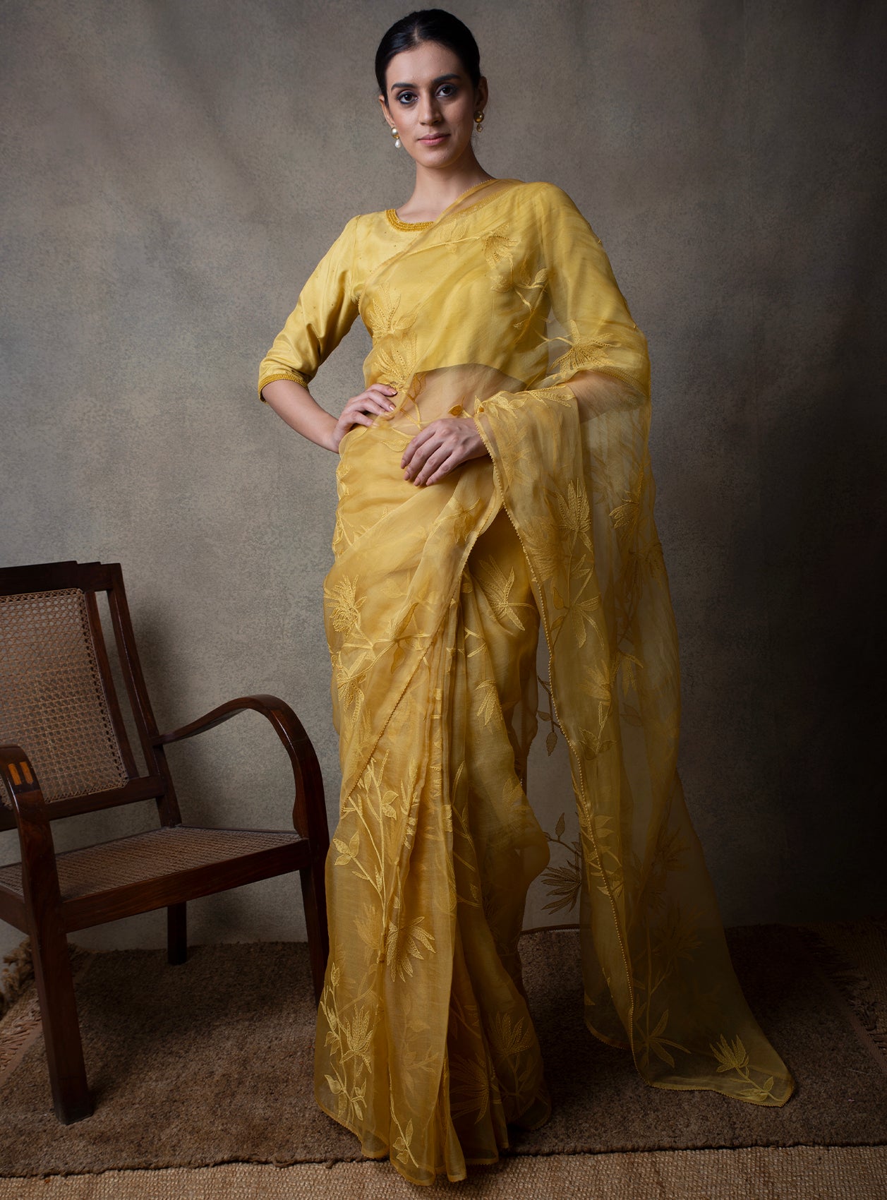 Yellow Hand Embroidered Organza Saree