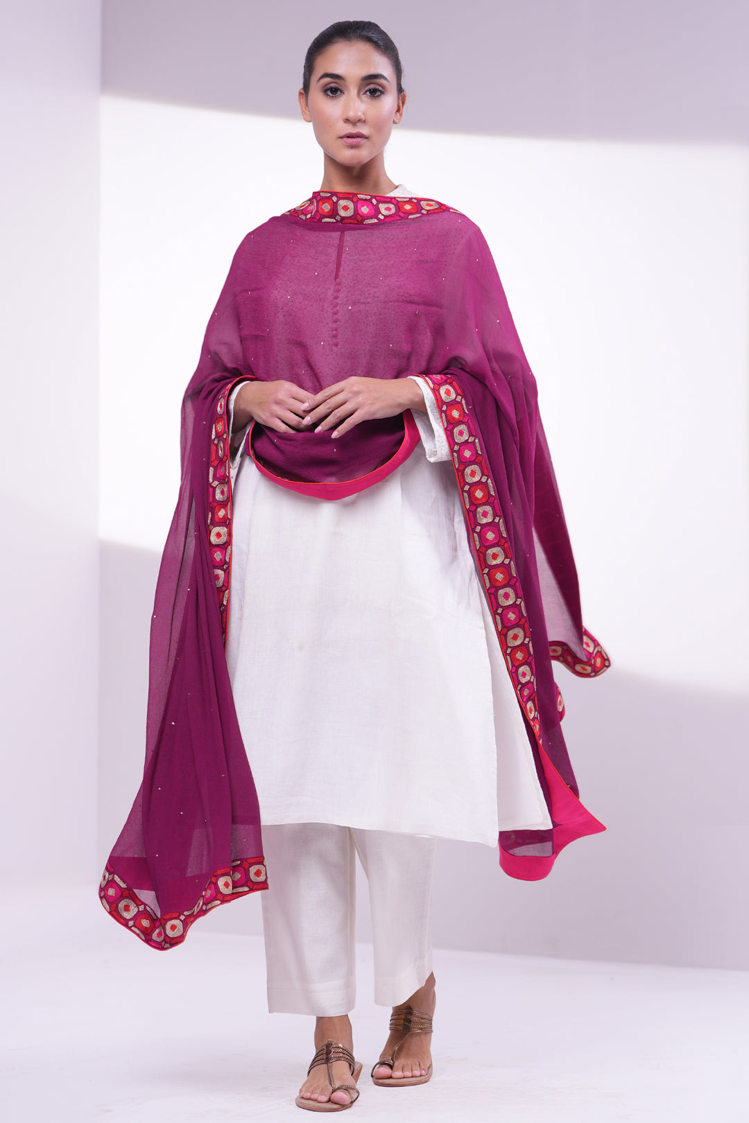 Fuchsia Pink Embroidered Dupatta