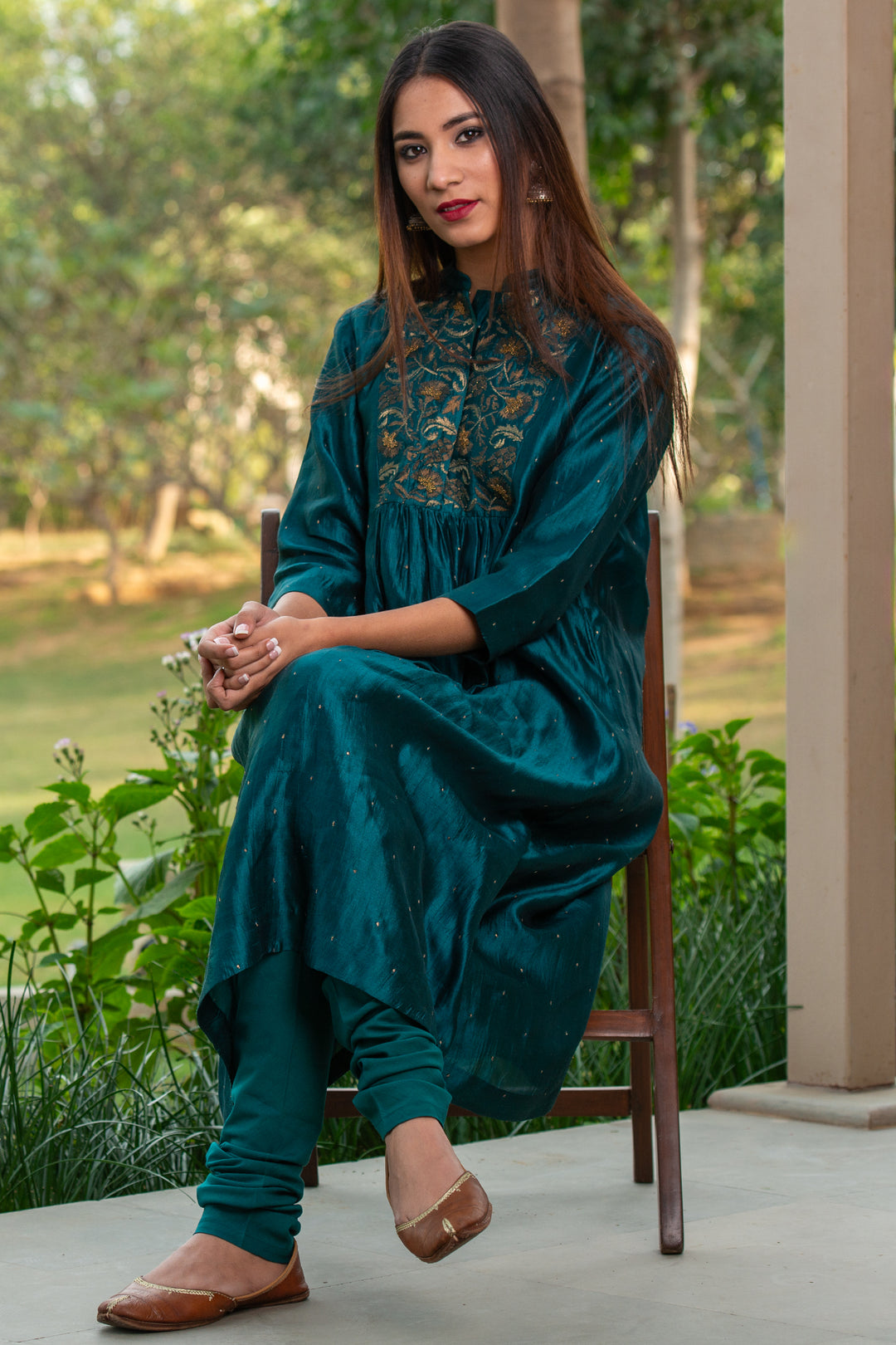 Emerald green silk kurta & churidaar set