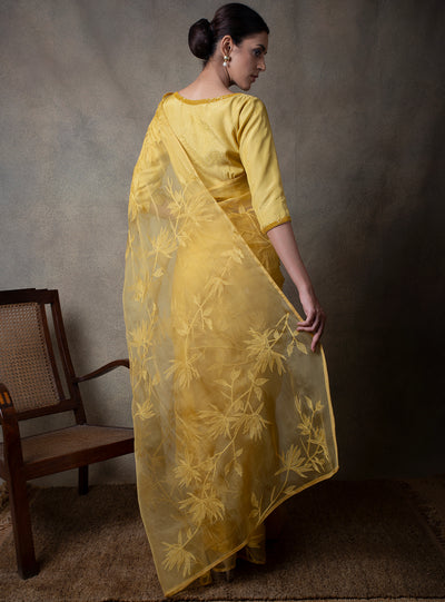 Yellow Hand Embroidered Organza Saree