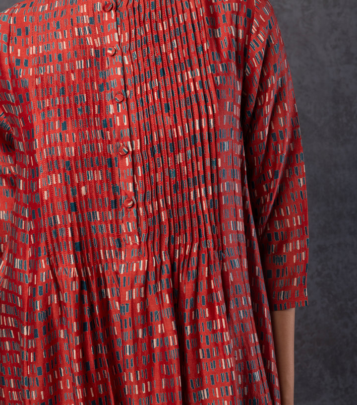 Red Brick Printed Chanderi Dress