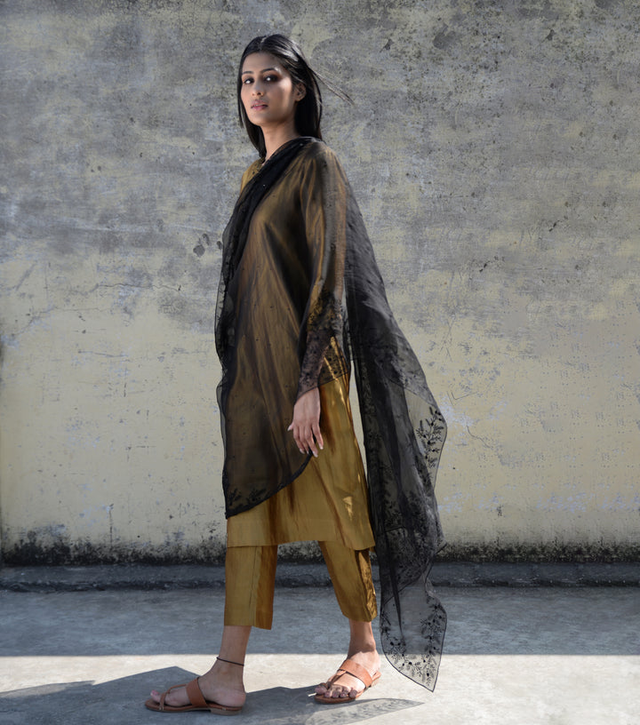 Black Tonal Hand Embroidered Organza Dupatta