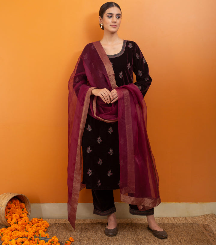 Plum Hand Embroidered Velvet Suit set