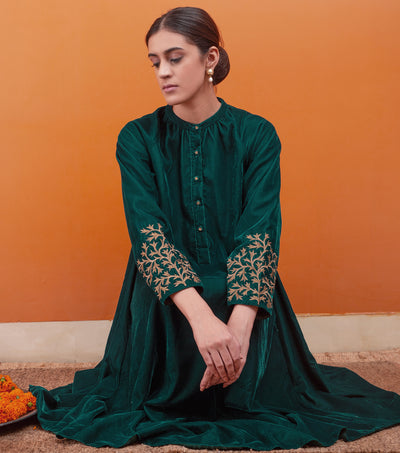 Emerald Green Zari Hand Embroidered Velvet Dress