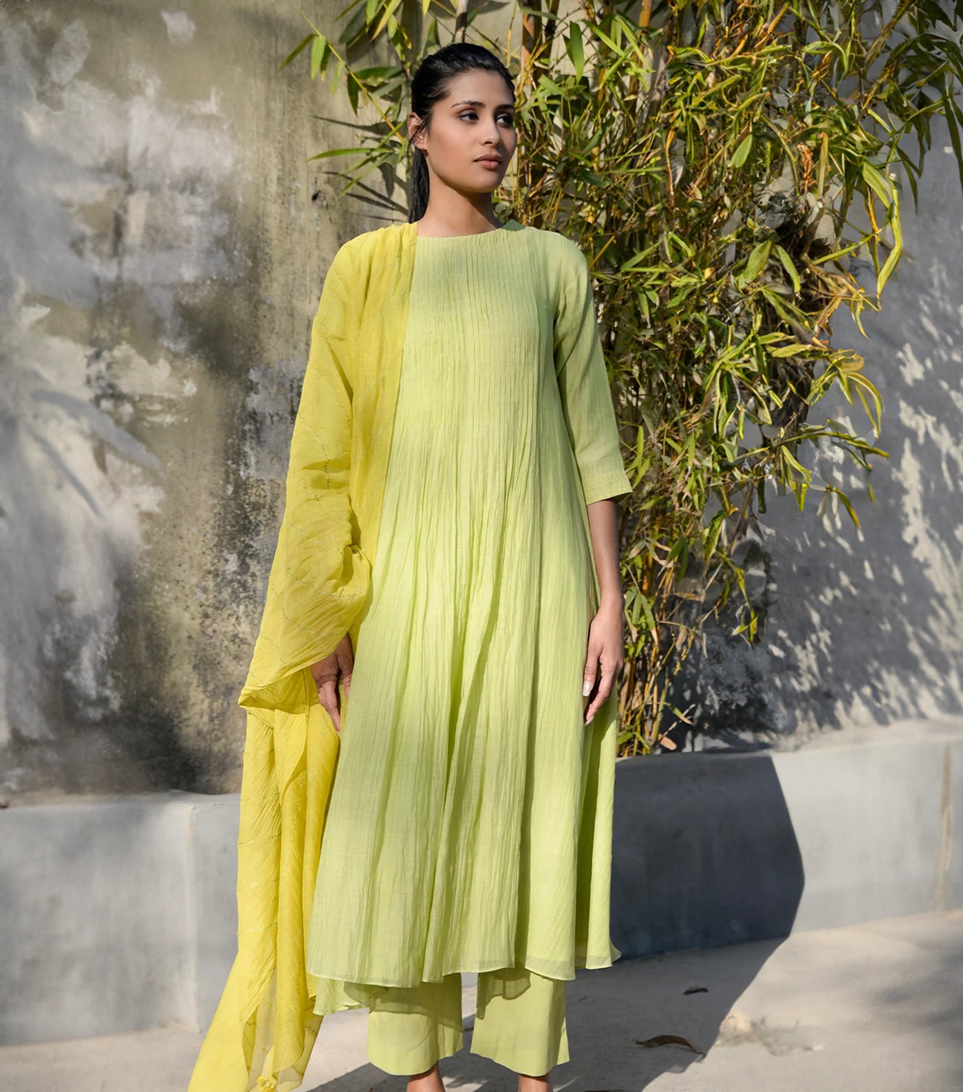 Lime Thread Embroidered Kurta Set with Dupatta