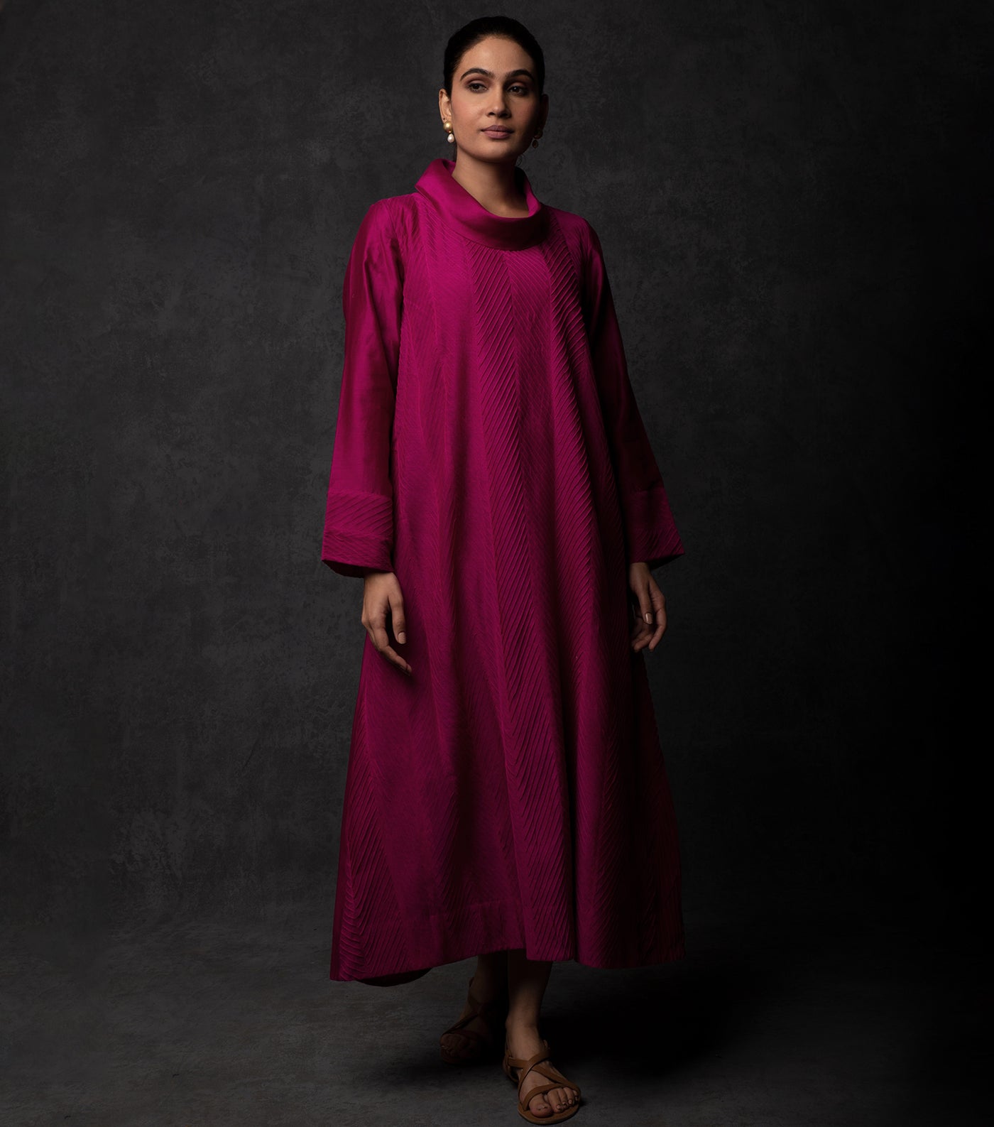 Magenta Pintuck Embroidered Chanderi Dress