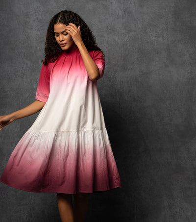 Ombre Grace Textured Cotton Dress with Mock Gathered Neckline