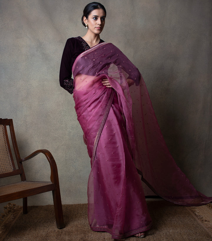 Plum Hand Embroidered Organza Saree