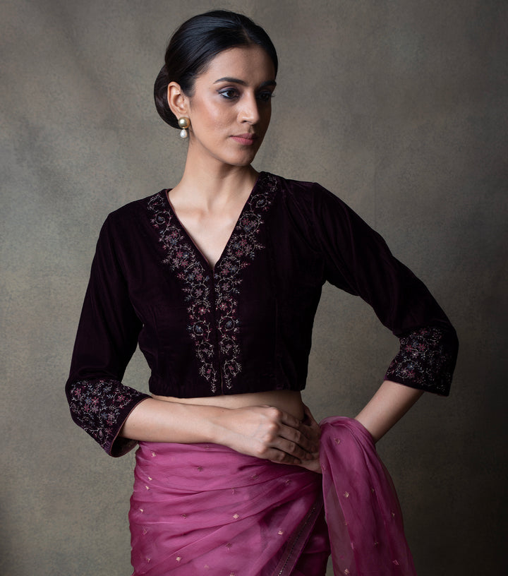 Plum Embroidered Velvet Blouse