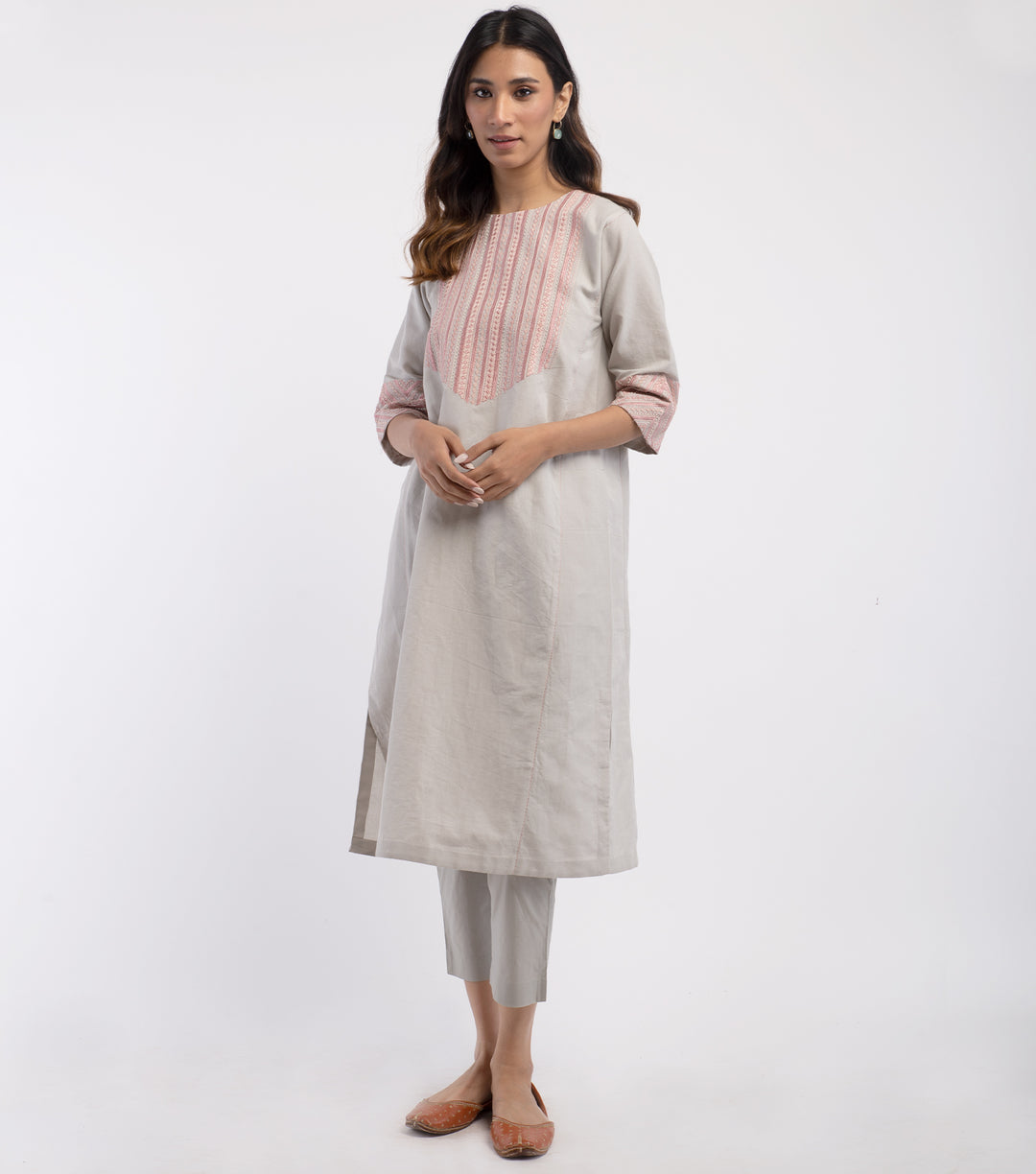 Grey Cotton Linen embroidered Kurta