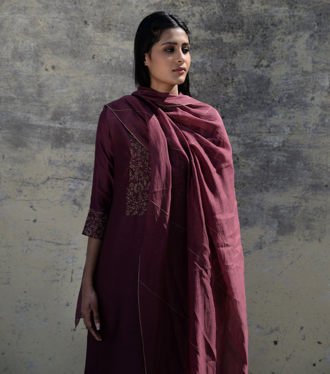 NOOR EMBROIDERED WINE CHANDERI KURTA SET