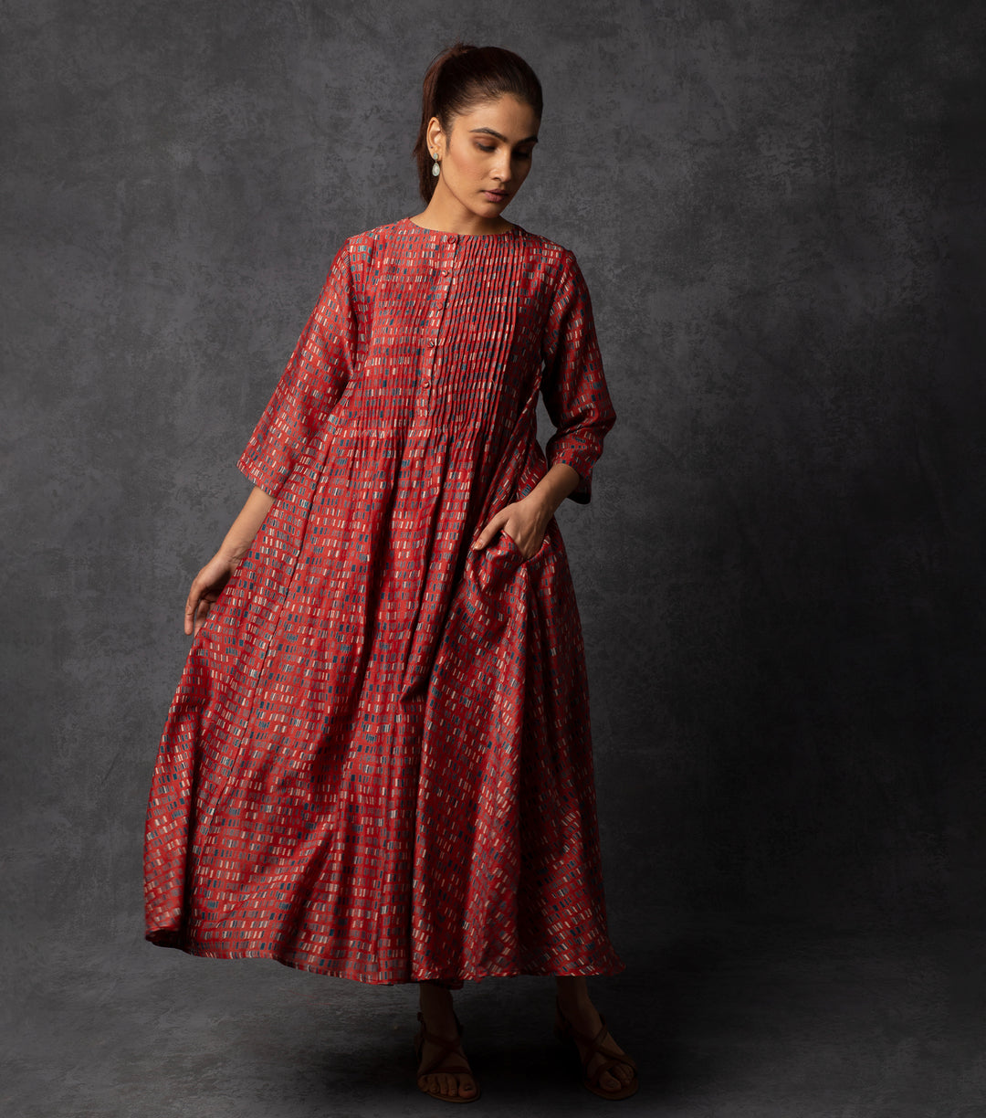 Red Brick Printed Chanderi Dress