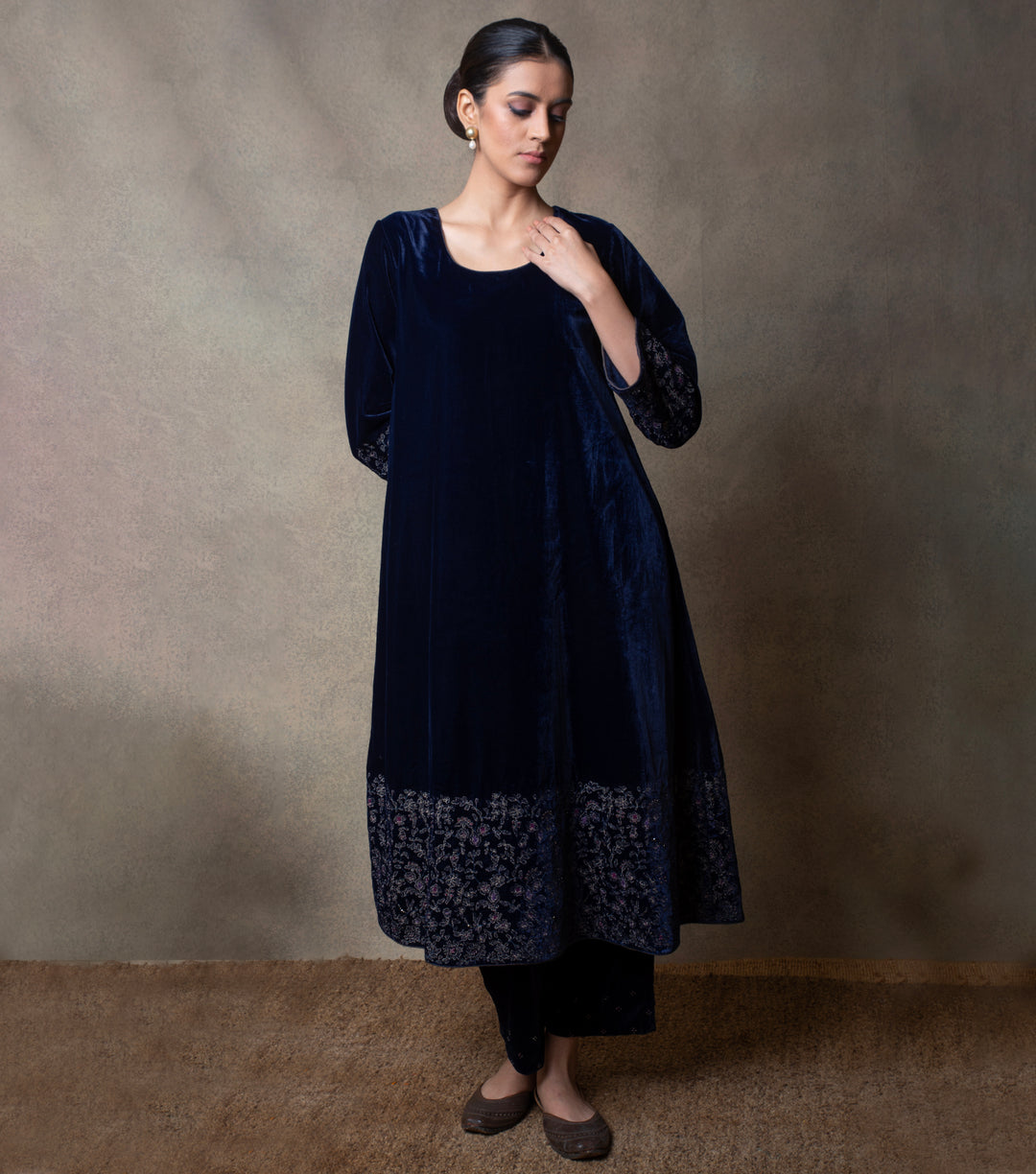 Navy Blue Hand Embroidered Velvet Kurta Set