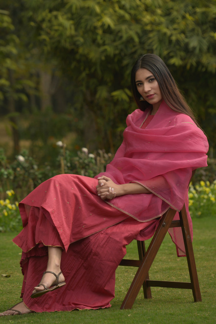 Hot Pink Embroidered Chanderi Kurta & Gharara with Dupatta Set