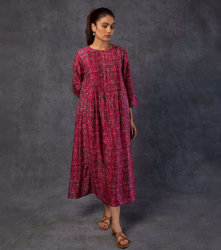 Burgundy Brick Printed Chanderi Dress