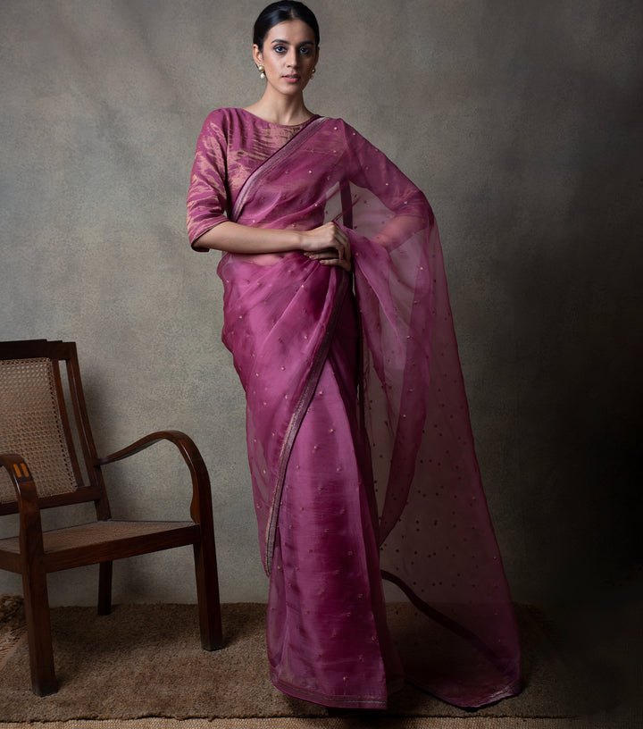 Plum Hand Embroidered Organza Saree