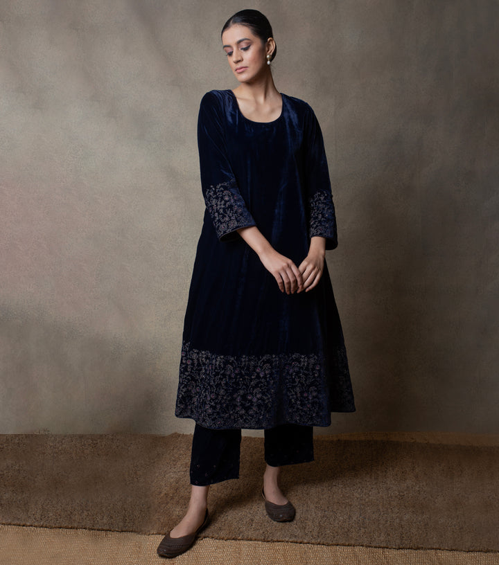 Navy Blue Hand Embroidered Velvet Kurta Set