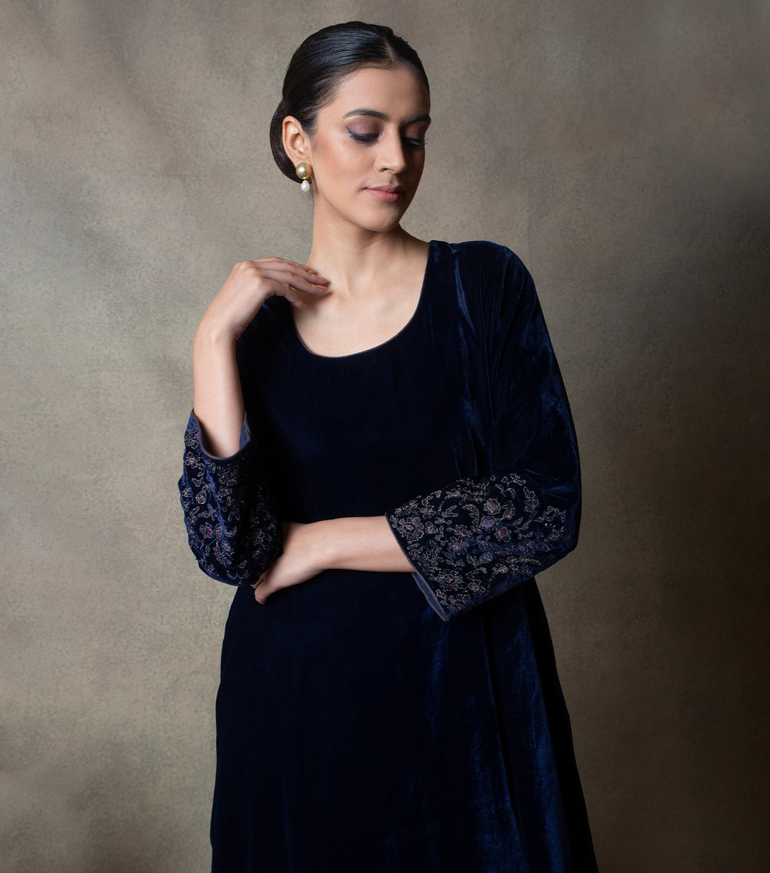 Navy Blue Hand Embroidered Velvet Kurta Set