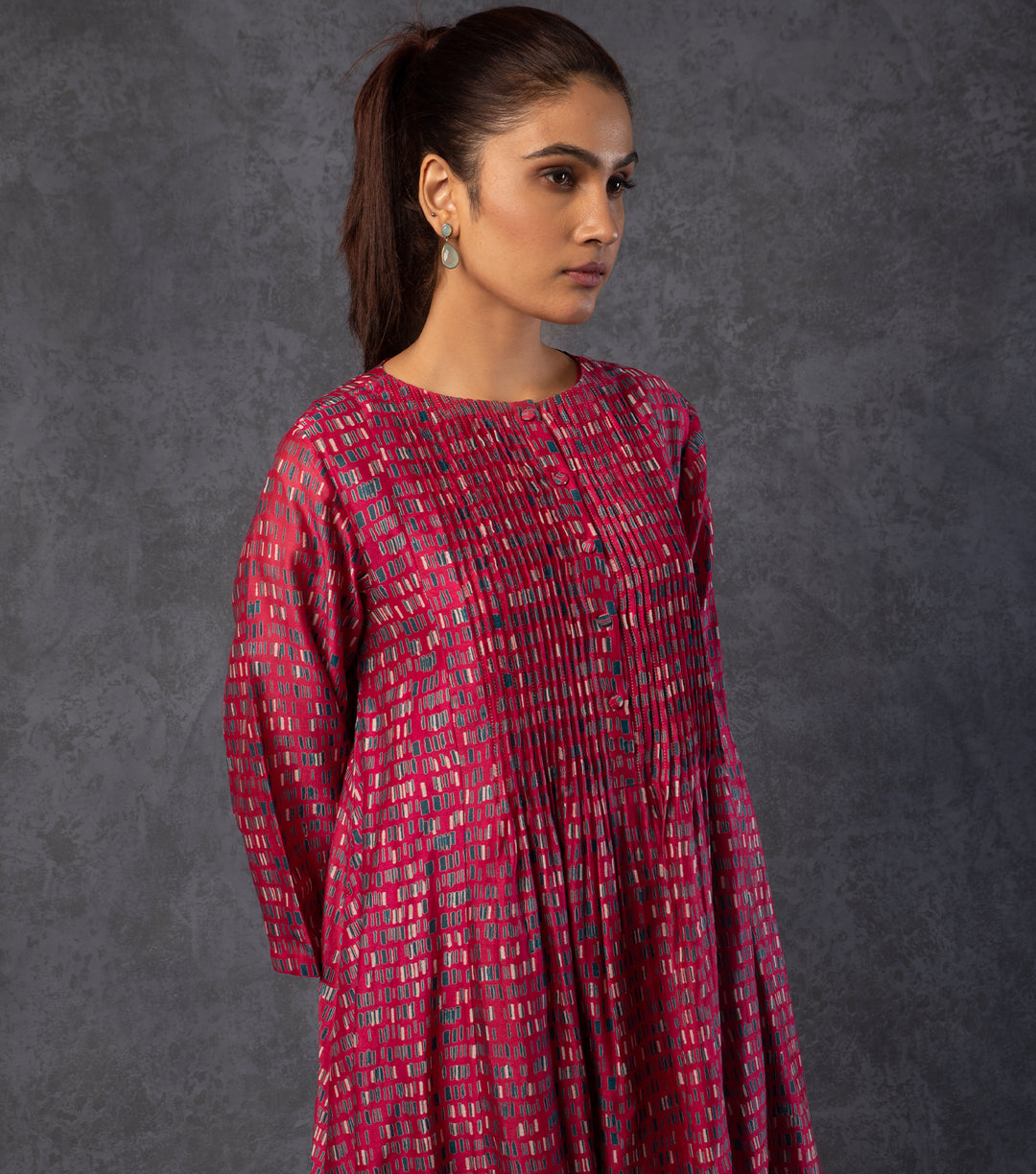 Burgundy Brick Printed Chanderi Dress