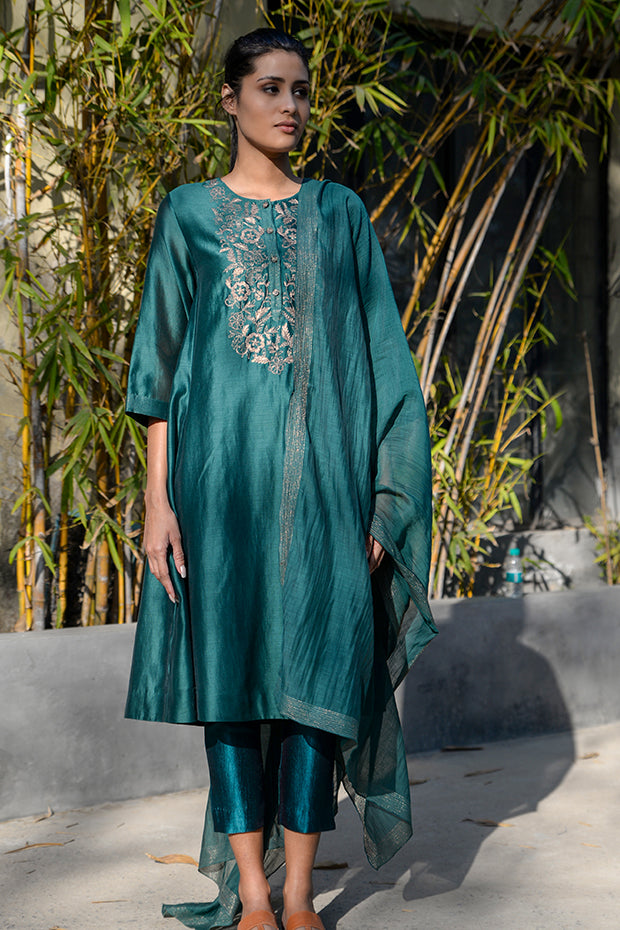 BAHAR EMERALD CHANDERI KURTA SET WITH DUPATTA