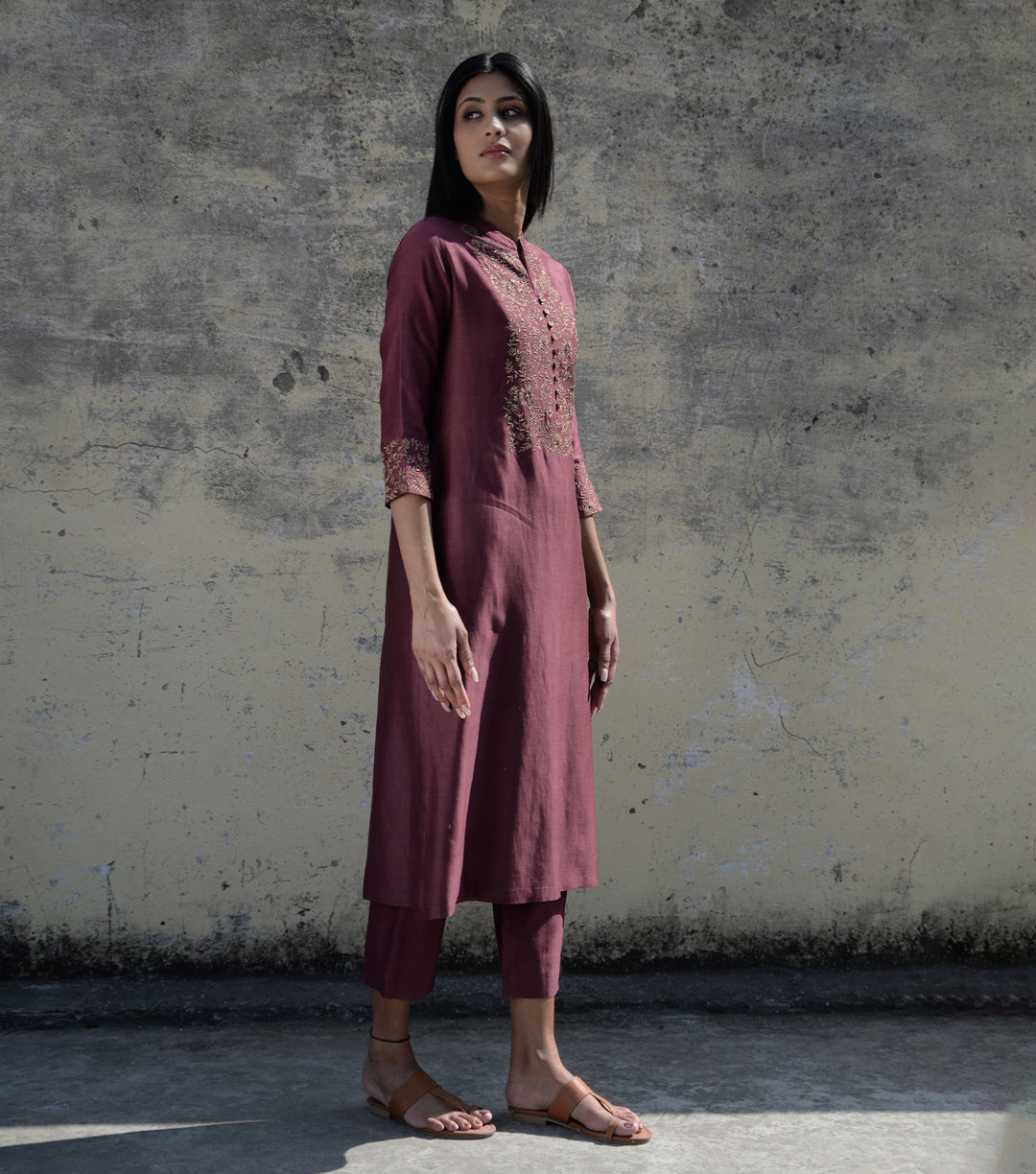 NOOR EMBROIDERED WINE CHANDERI KURTA SET