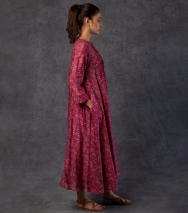 Burgundy Brick Printed Chanderi Dress