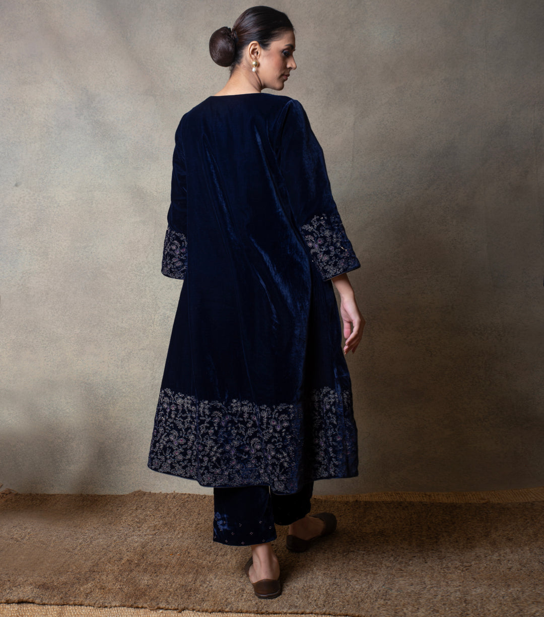 Navy Blue Hand Embroidered Velvet Kurta Set