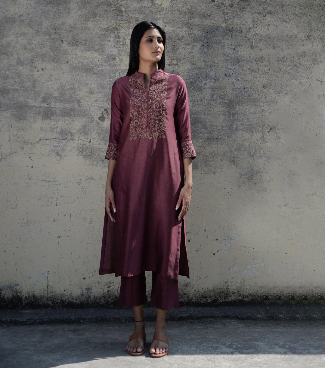 NOOR EMBROIDERED WINE CHANDERI KURTA SET