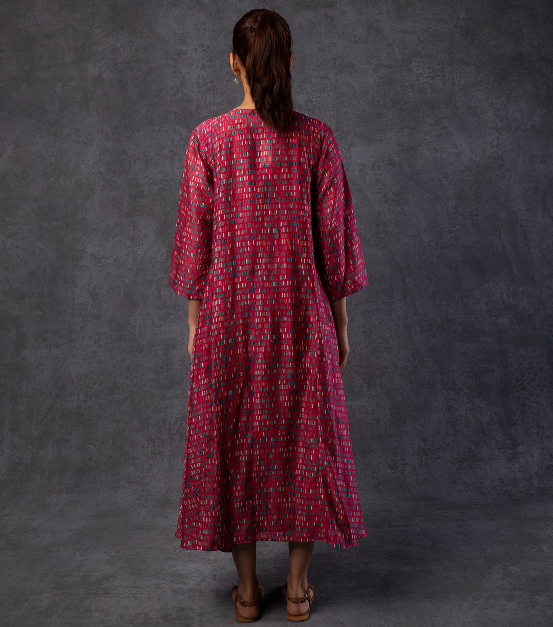 Burgundy Brick Printed Chanderi Dress