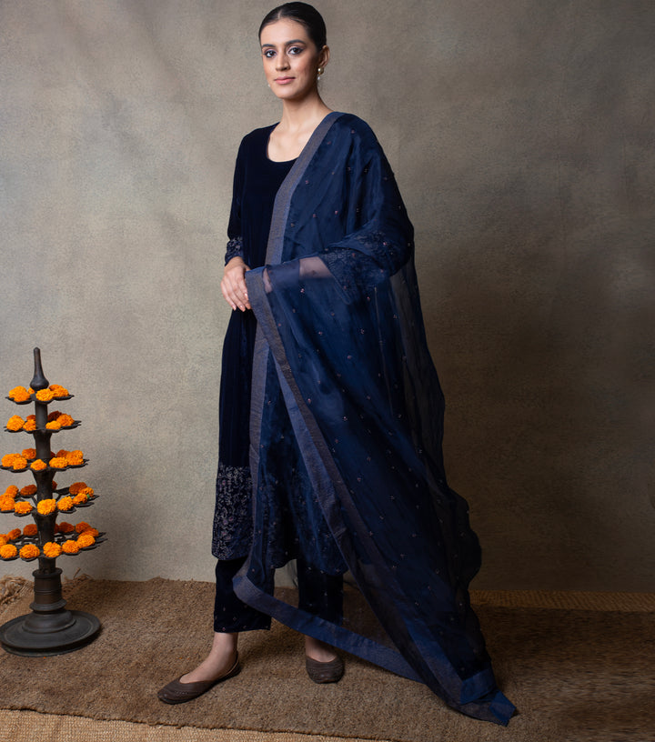 Navy Blue Hand Embroidered Velvet Kurta Set