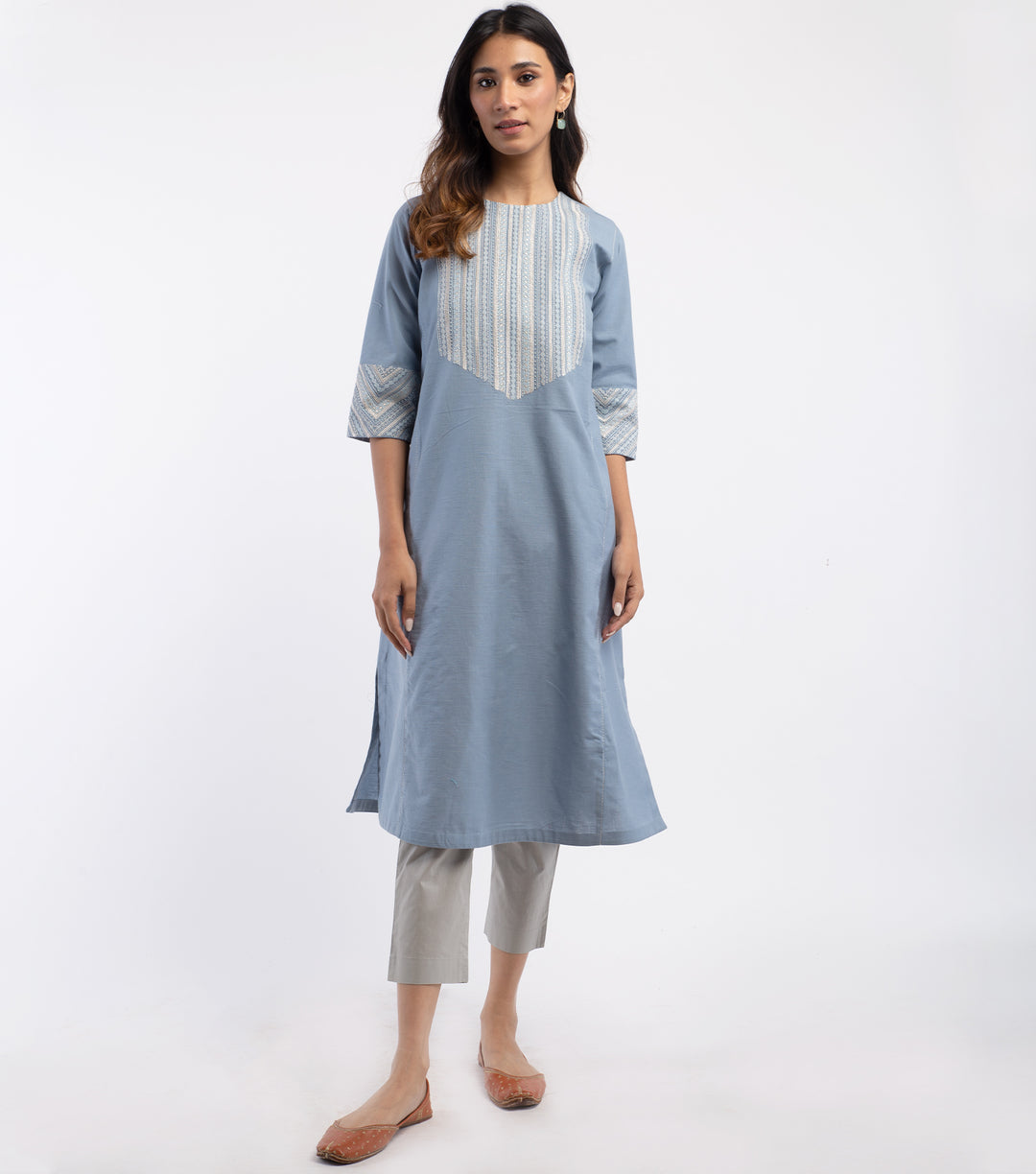 Blue Cotton Linen embroidered Kurta