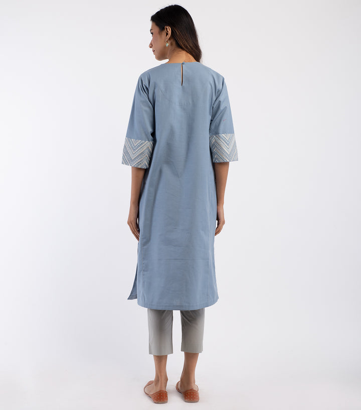 Blue Cotton Linen embroidered Kurta