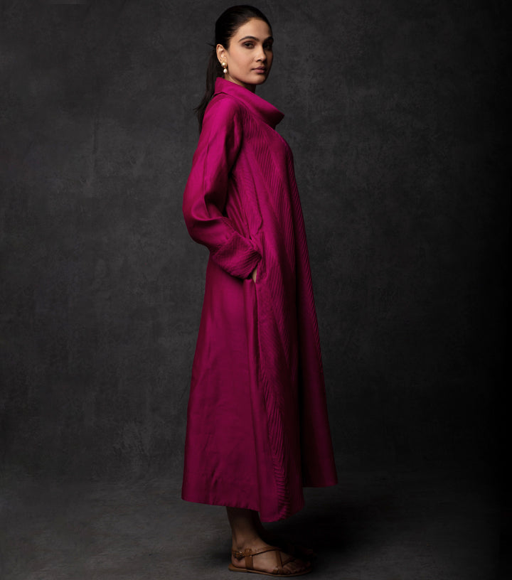 Magenta Pintuck Embroidered Chanderi Dress