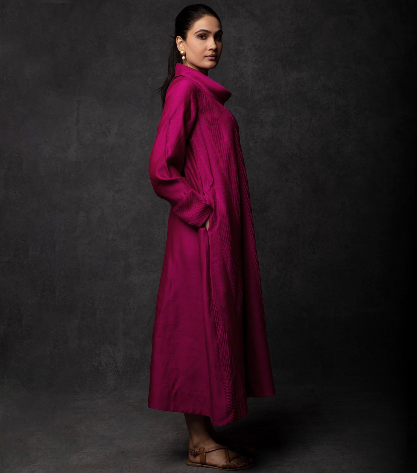 Magenta Pintuck Embroidered Chanderi Dress