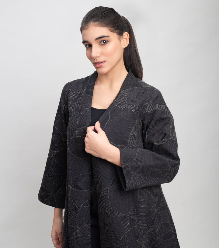 Black Embroidered Quilted Silk Jacket