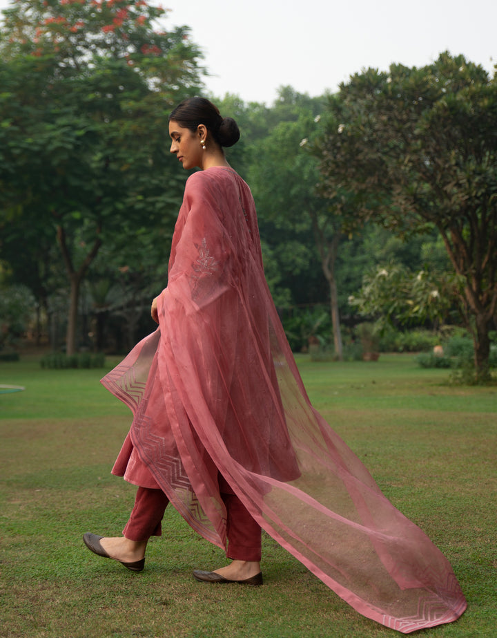 Old Rose Embroidered Velvet Suit Set